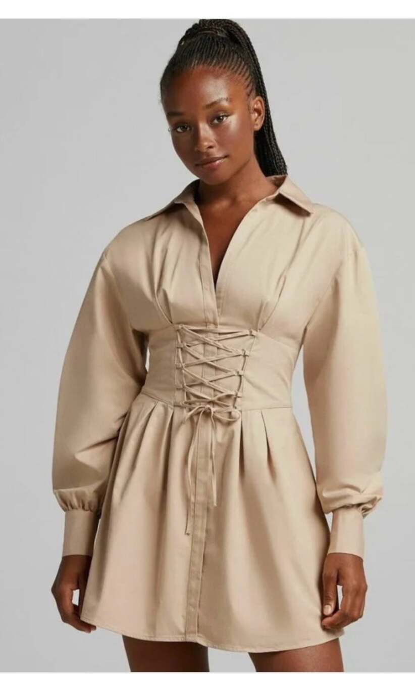 Chic Bershka Tan Beige Corset Lace-Up Shirt Dress - Size Small